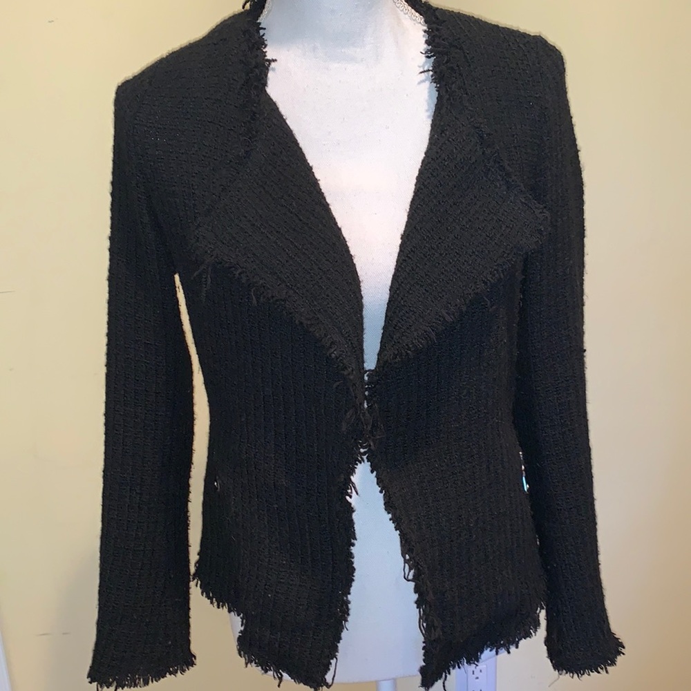 ZARA Black Tweed Open Jacket Pockets Frayed Edges Chic Stylish Vogue Classic S